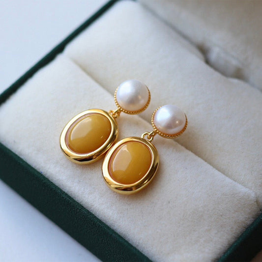 Amber and Pearl Drop Earrings in Natural Style