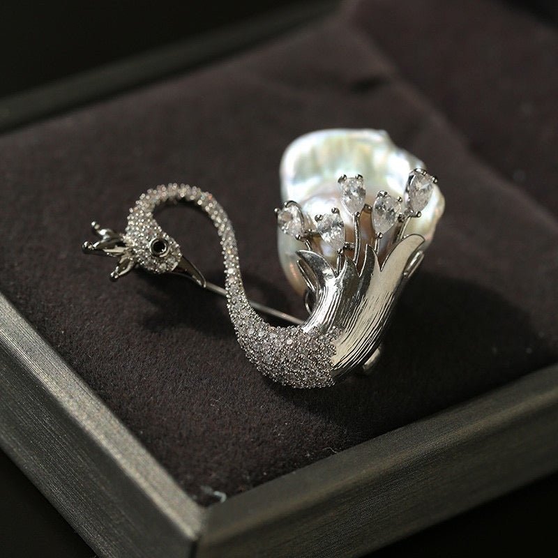 Swan Brooch with Baroque Pearl and Zirconia