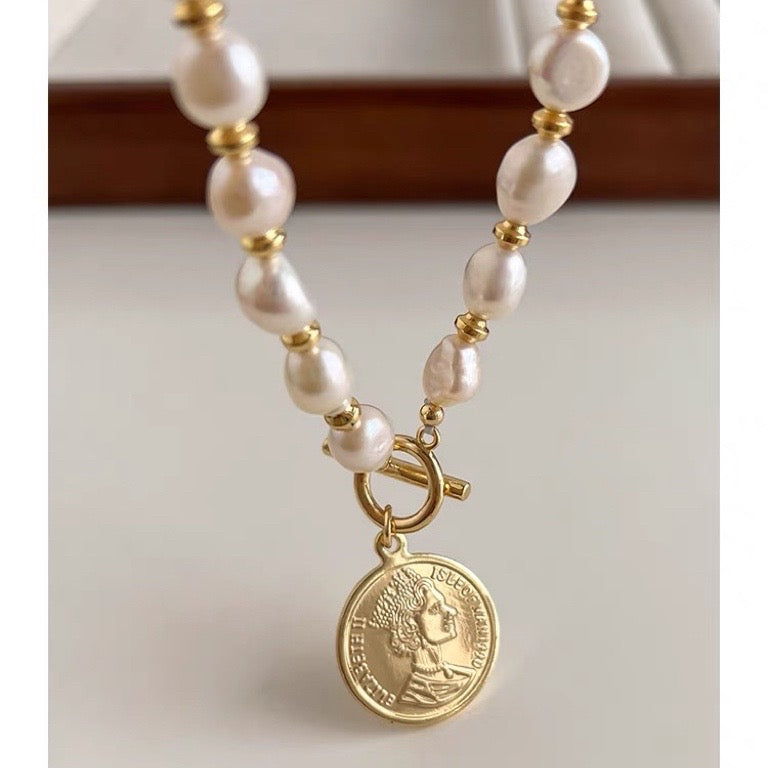 Baroque Pearl Long Necklace with Coin Pendant