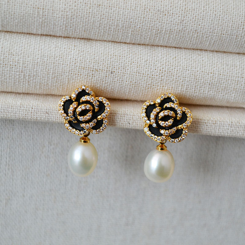 Camellia Zirconia & Pearl Earrings