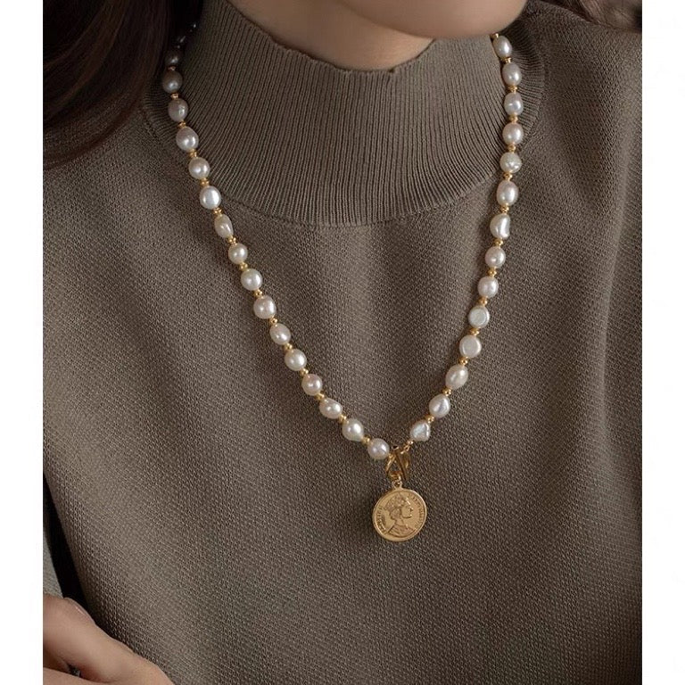 Baroque Pearl Long Necklace with Coin Pendant