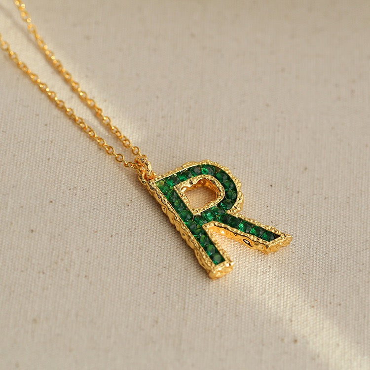 Green Letter Zirconia Necklace for Individual Purchase