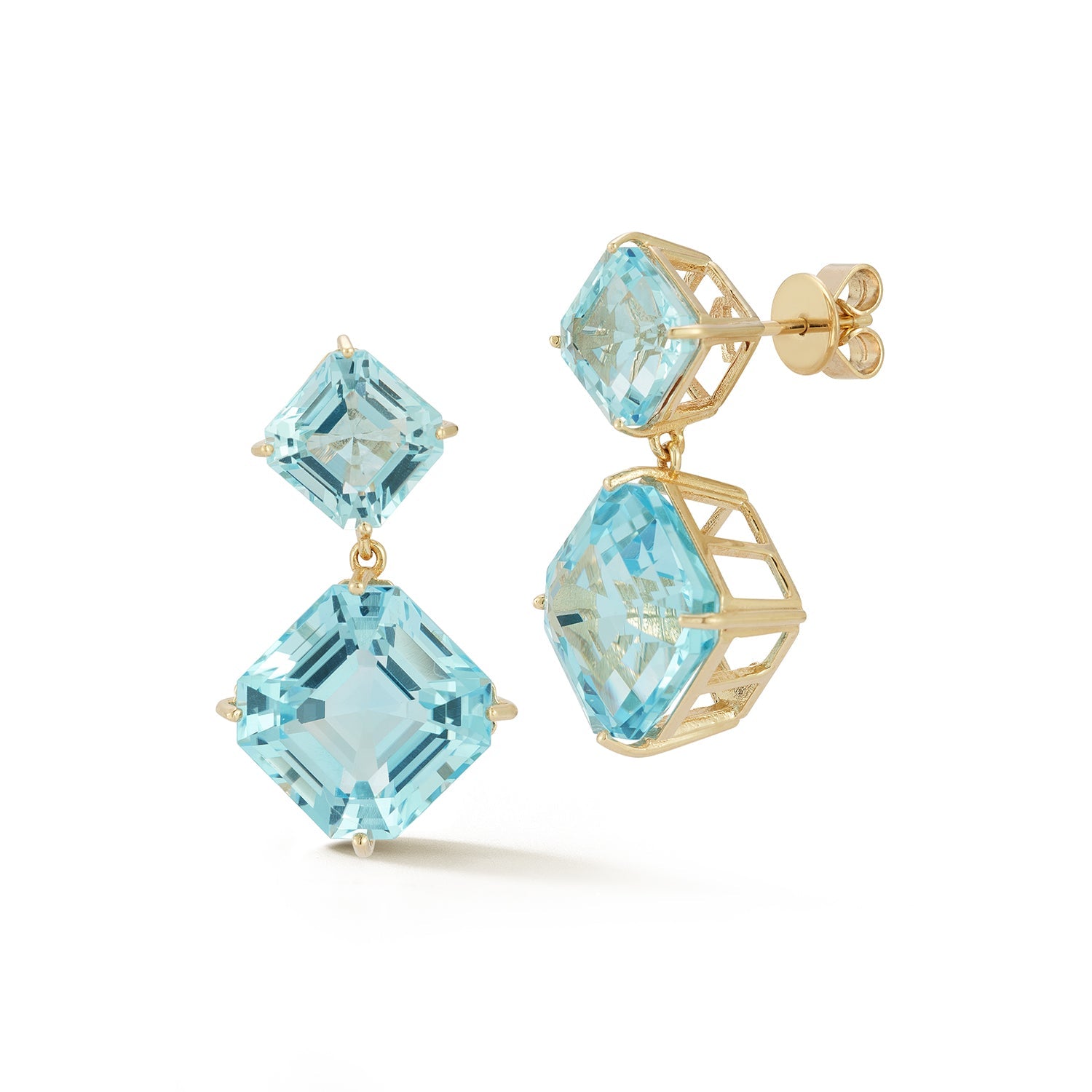 14kt Swiss Blue Topaz Asscher Cut Drop Earrings