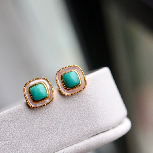 Geometric Stud Earrings in Green Turquoise and White Pearl