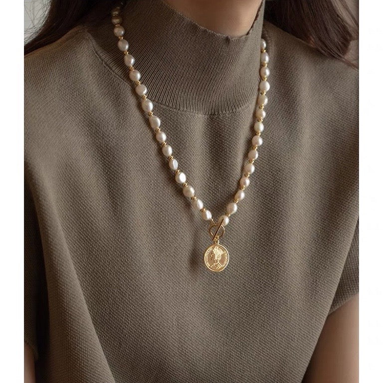 Baroque Pearl Long Necklace with Coin Pendant