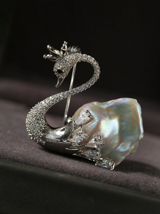 Swan Brooch with Baroque Pearl and Zirconia