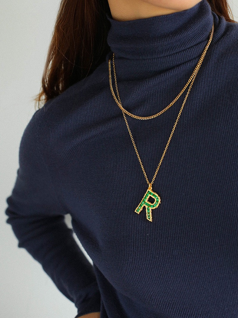 Green Letter Zirconia Necklace for Individual Purchase