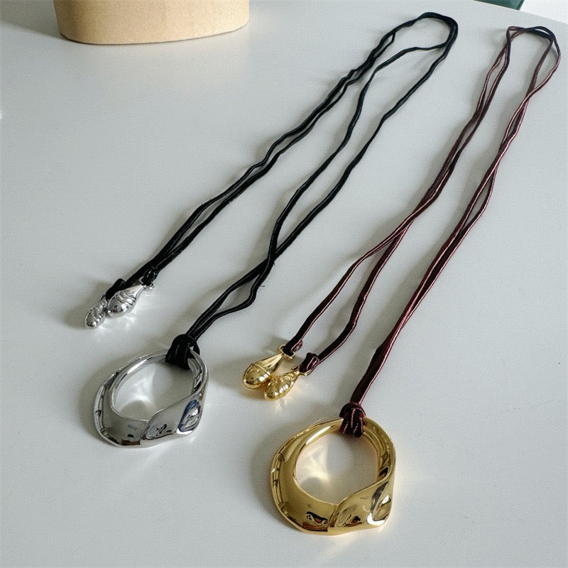 Long Leather Cord Circle Pendant Necklace