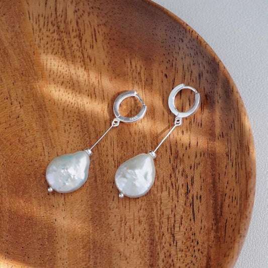 Long Drop Hoop Earrings with Baroque Pearls