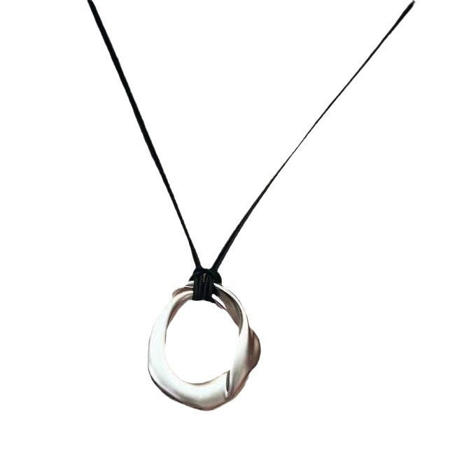 Long Leather Cord Circle Pendant Necklace