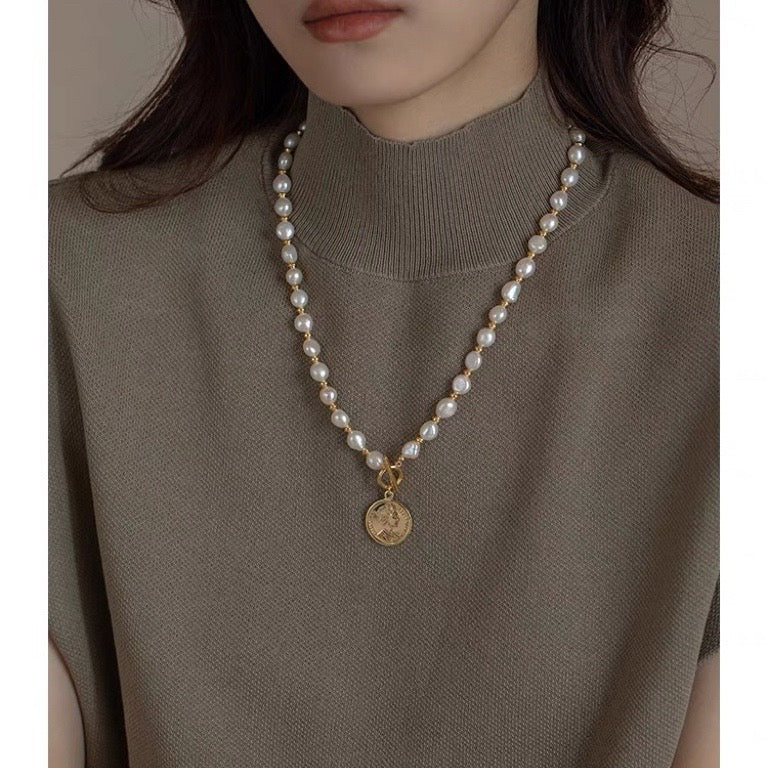 Baroque Pearl Long Necklace with Coin Pendant