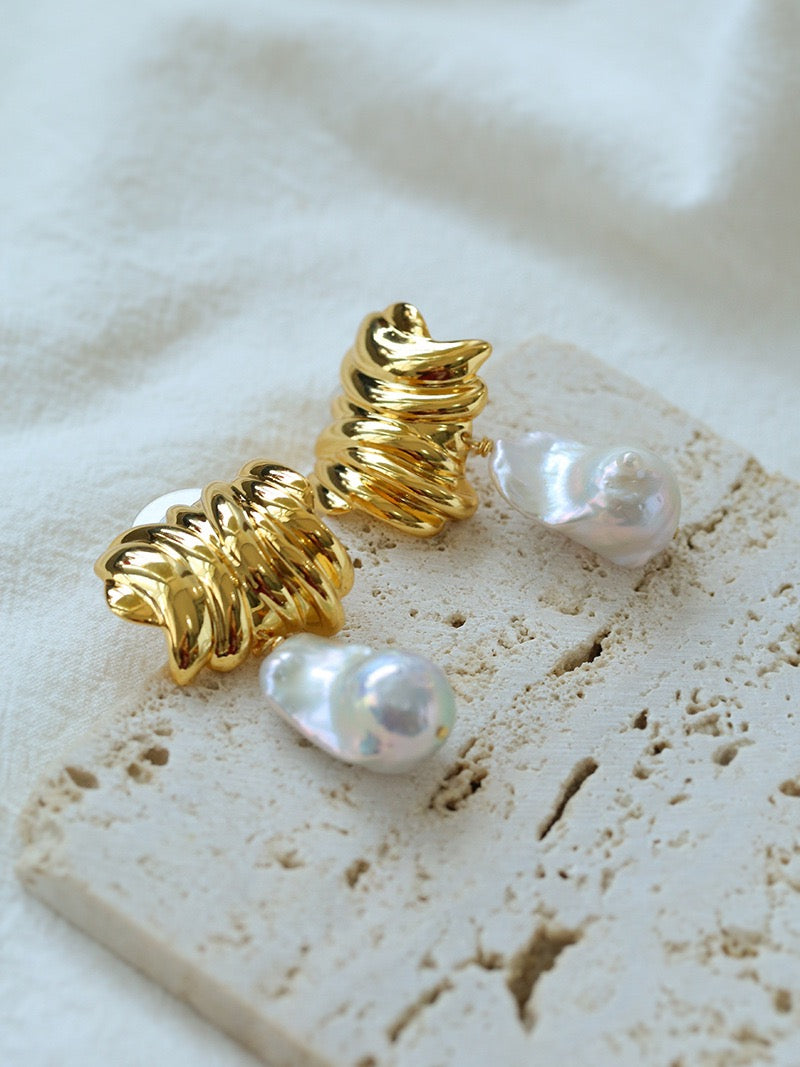 Unique Irregular Striped Baroque Pearl Earrings