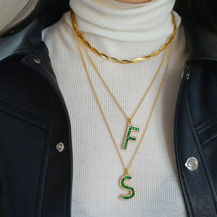 Green Letter Zirconia Necklace for Individual Purchase