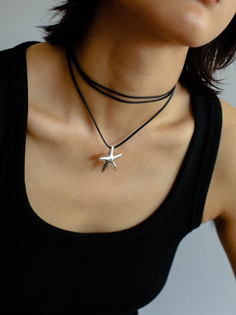 Starfish Pendant Necklace with Leather Cord