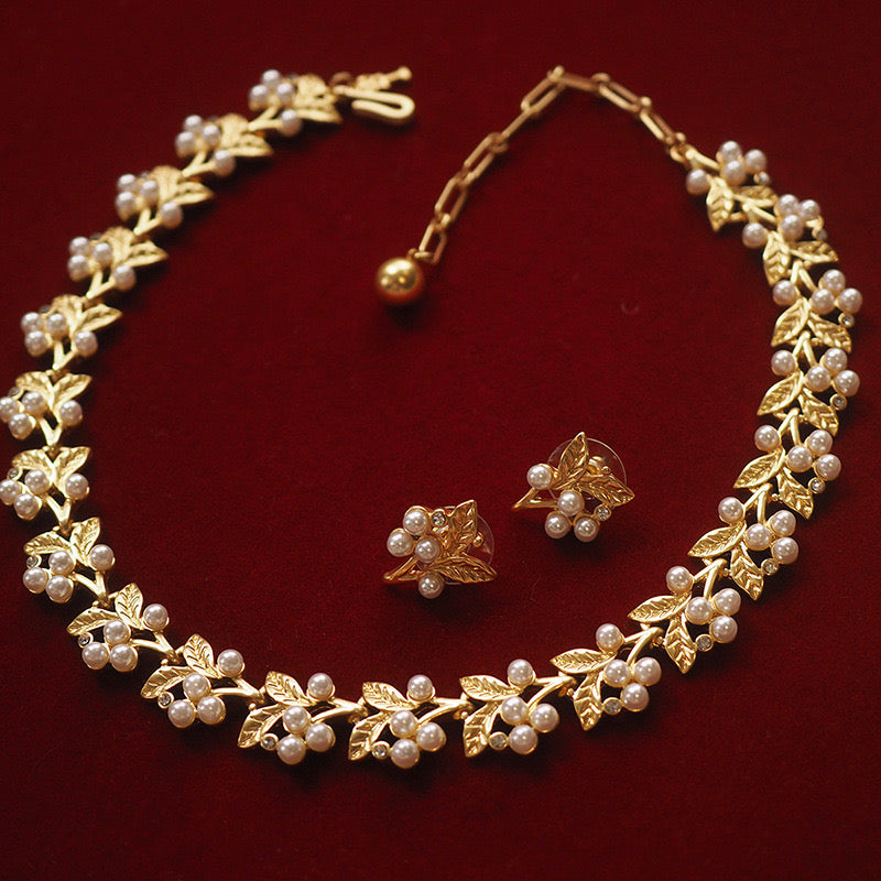 Vintage Royal Leaf and Pearl Earrings & Necklace Set