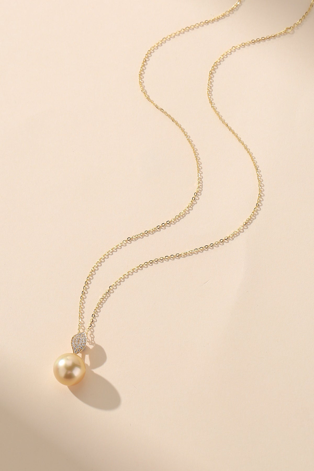 Golden South Sea Pearl Leaf Pendant Necklace in 18K Gold