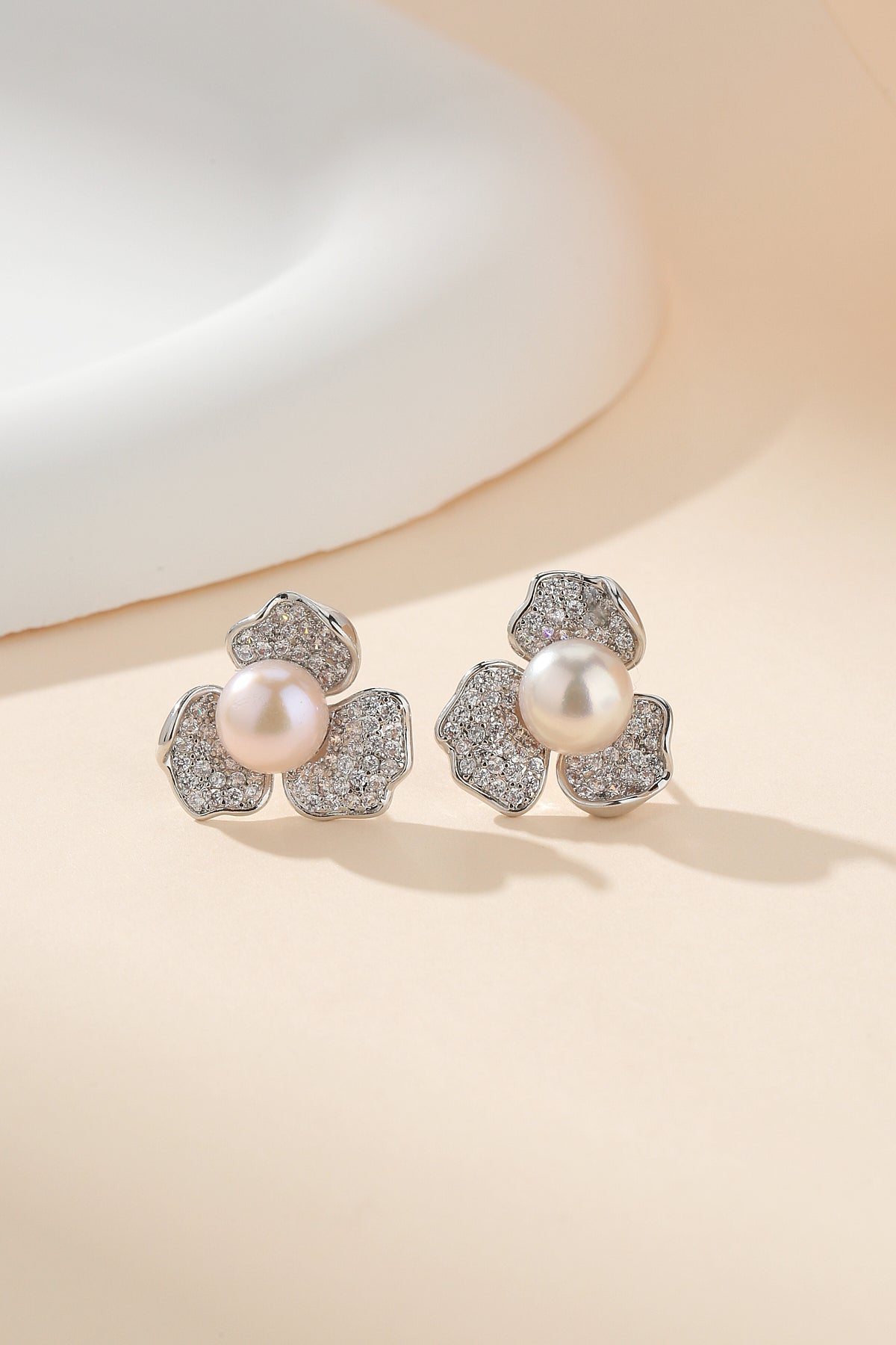 Floral Pearl Earrings with Cubic Zirconia Stones