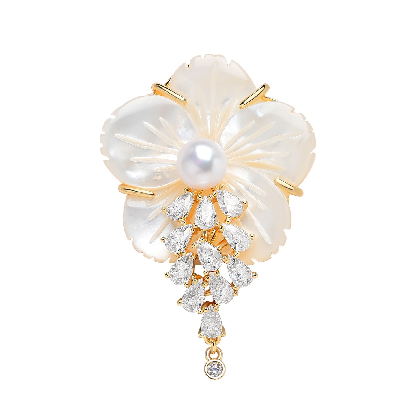 Flower Shell Design Pearl and Zirconia Brooch