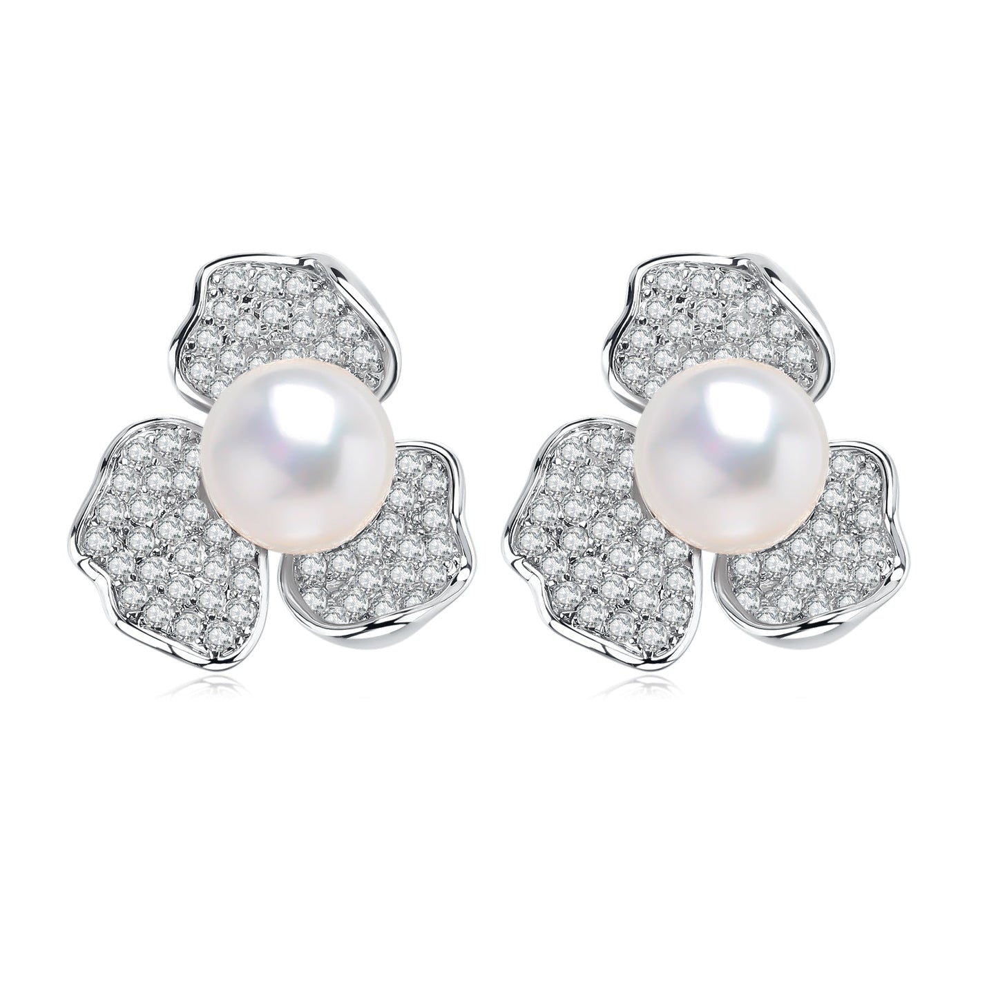 Floral Pearl Earrings with Cubic Zirconia Stones