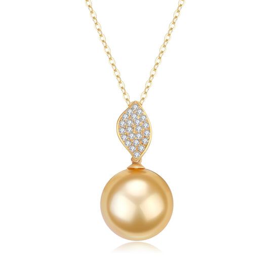 Golden South Sea Pearl Leaf Pendant Necklace in 18K Gold