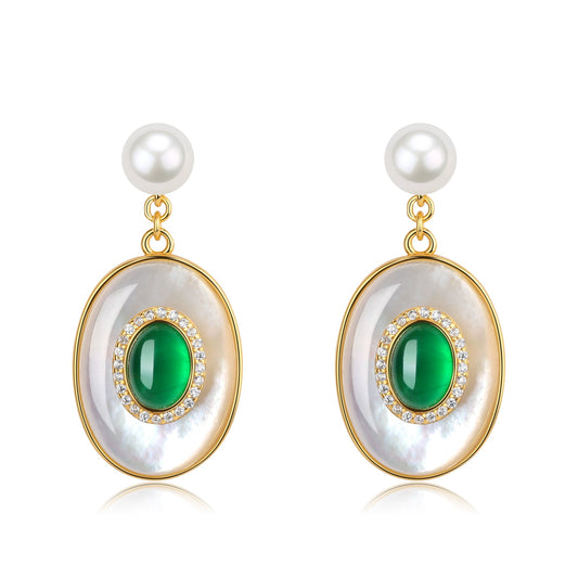 Gold Vermeil Green Onyx and Mother of Pearls Earrings