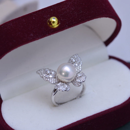 Freshwater Pearl and Cubic Zirconia Butterfly Ring