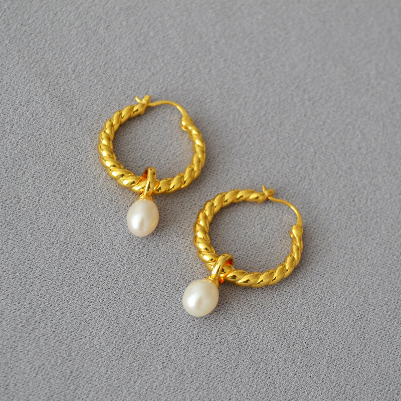 Twisted Hoop Freshwater Pearl Earrings