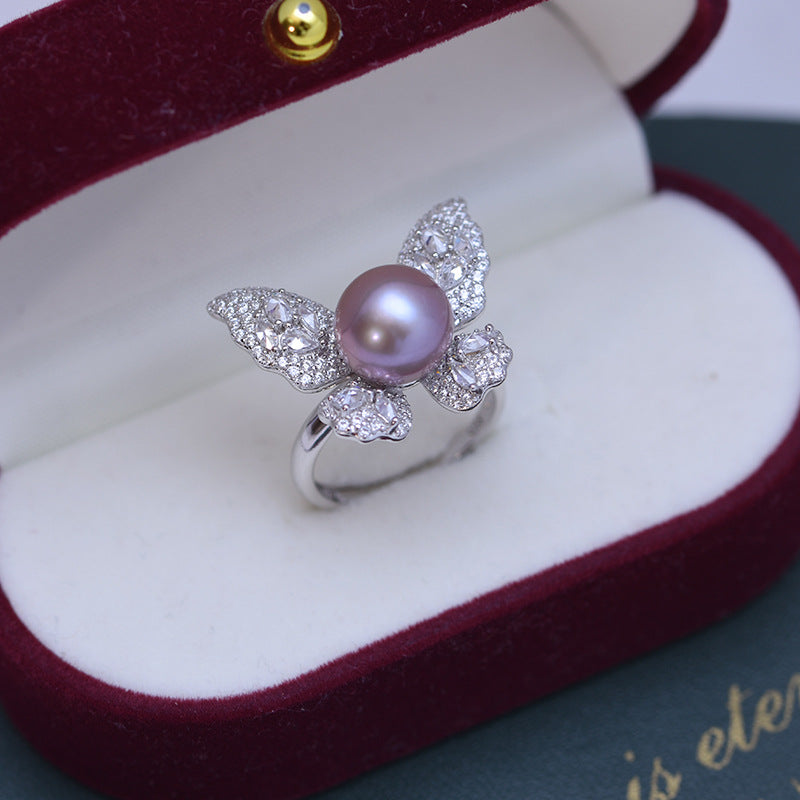 Freshwater Pearl and Cubic Zirconia Butterfly Ring