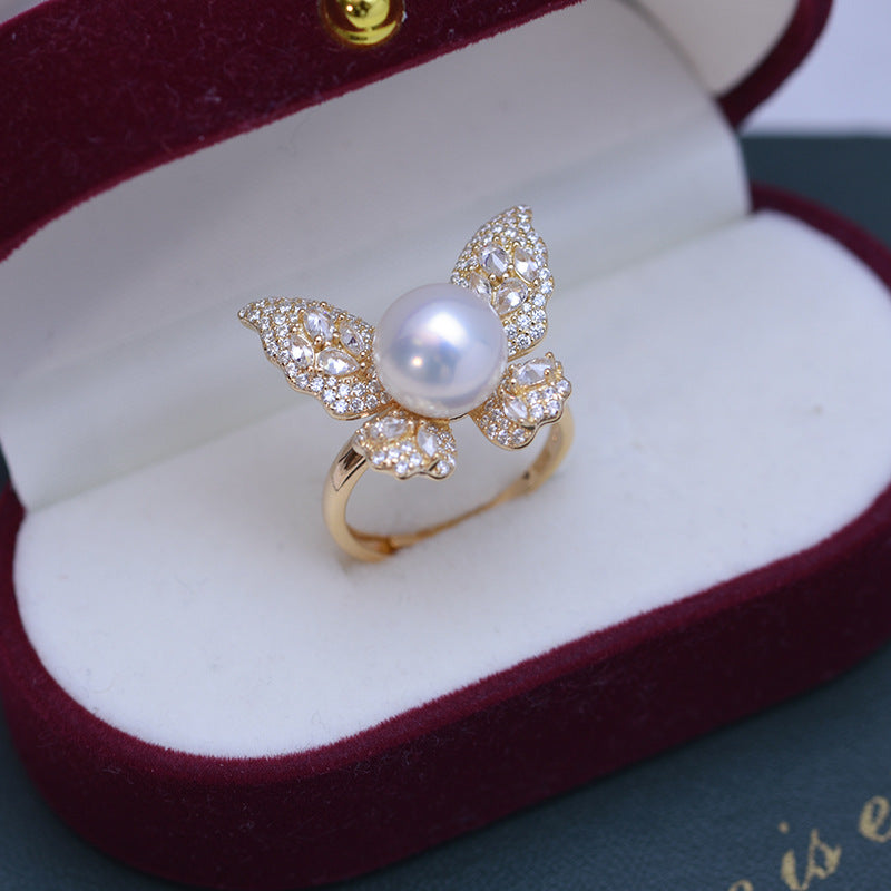 Freshwater Pearl and Cubic Zirconia Butterfly Ring