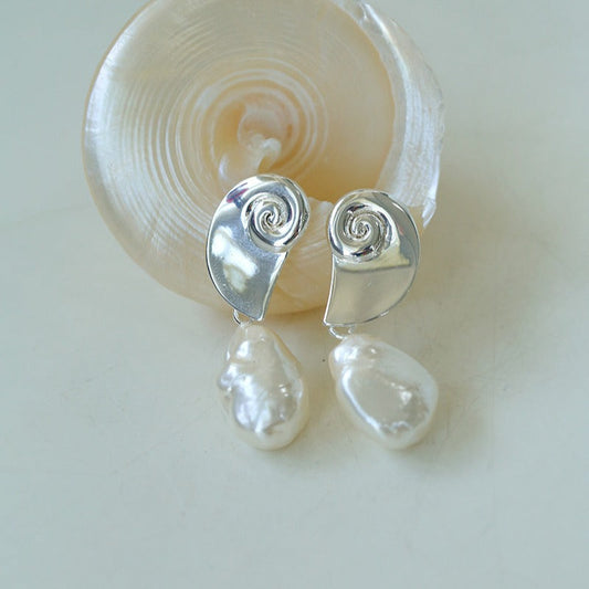 Metal Conch Baroque Pearl Dangle Earrings