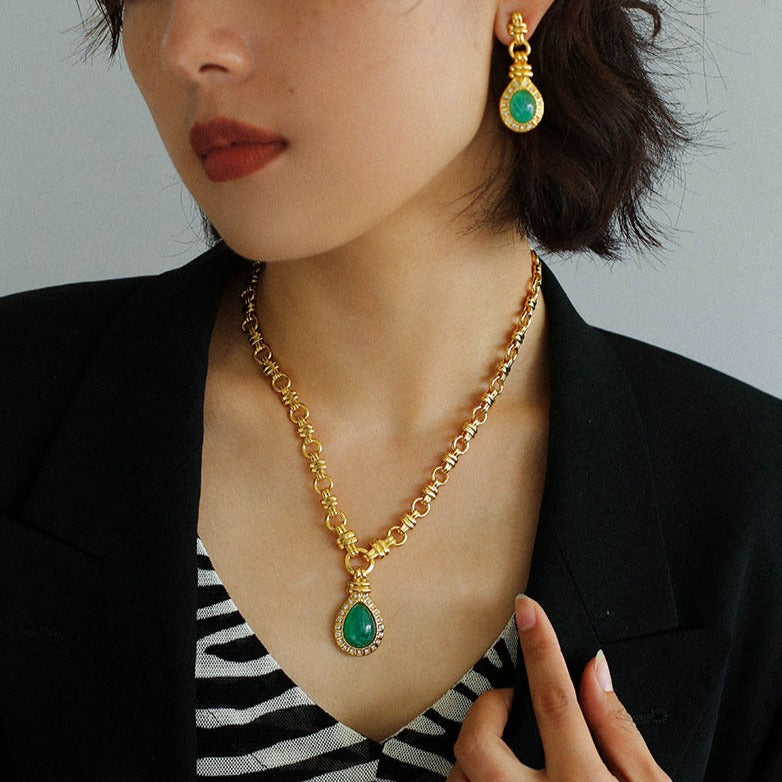 Vintage Green Crystal Necklace and Earring Set