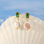 Emerald Zirconia Button Pearl Earrings