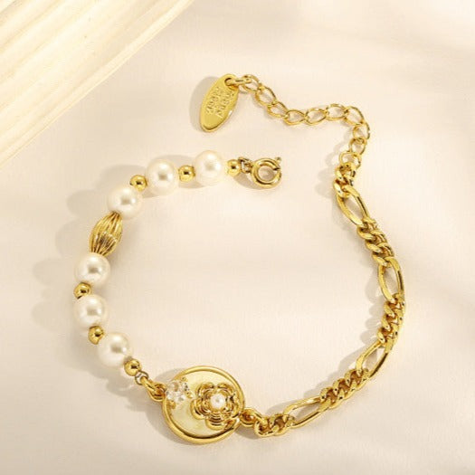 Flower Coin Pearls Chain Bracelet