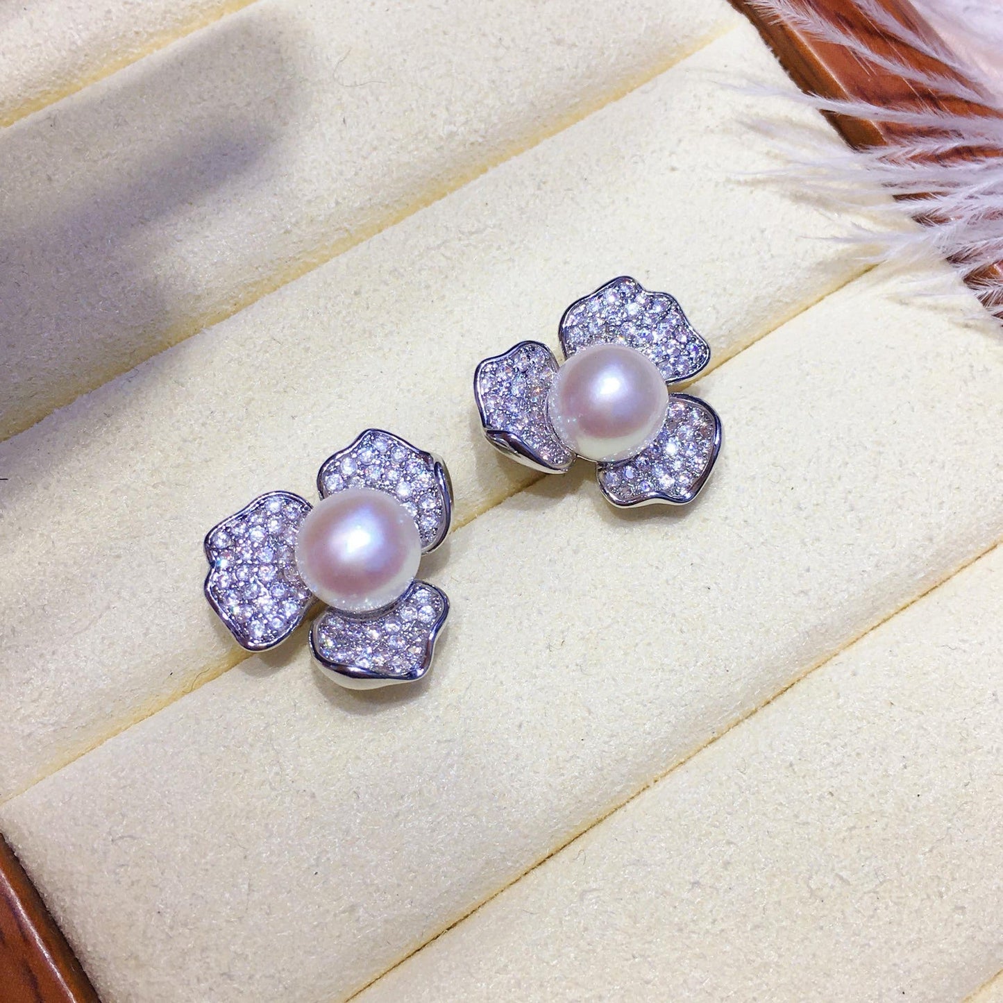 Floral Pearl Earrings with Cubic Zirconia Stones