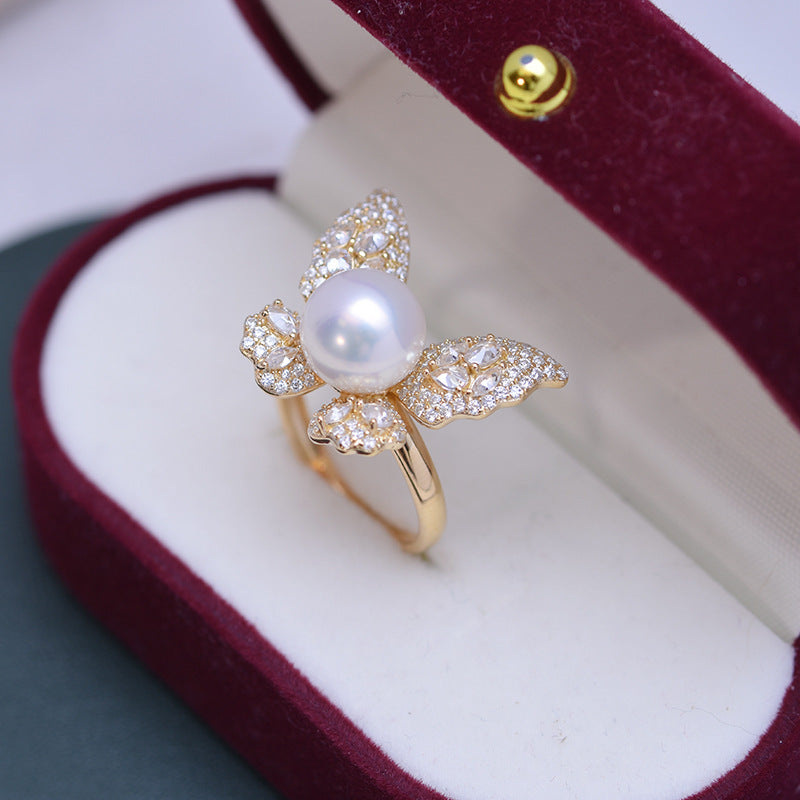 Freshwater Pearl and Cubic Zirconia Butterfly Ring