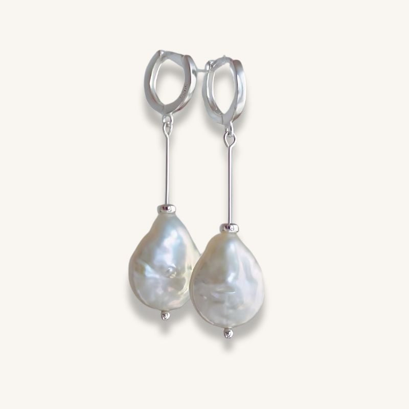 Long Drop Hoop Earrings with Baroque Pearls