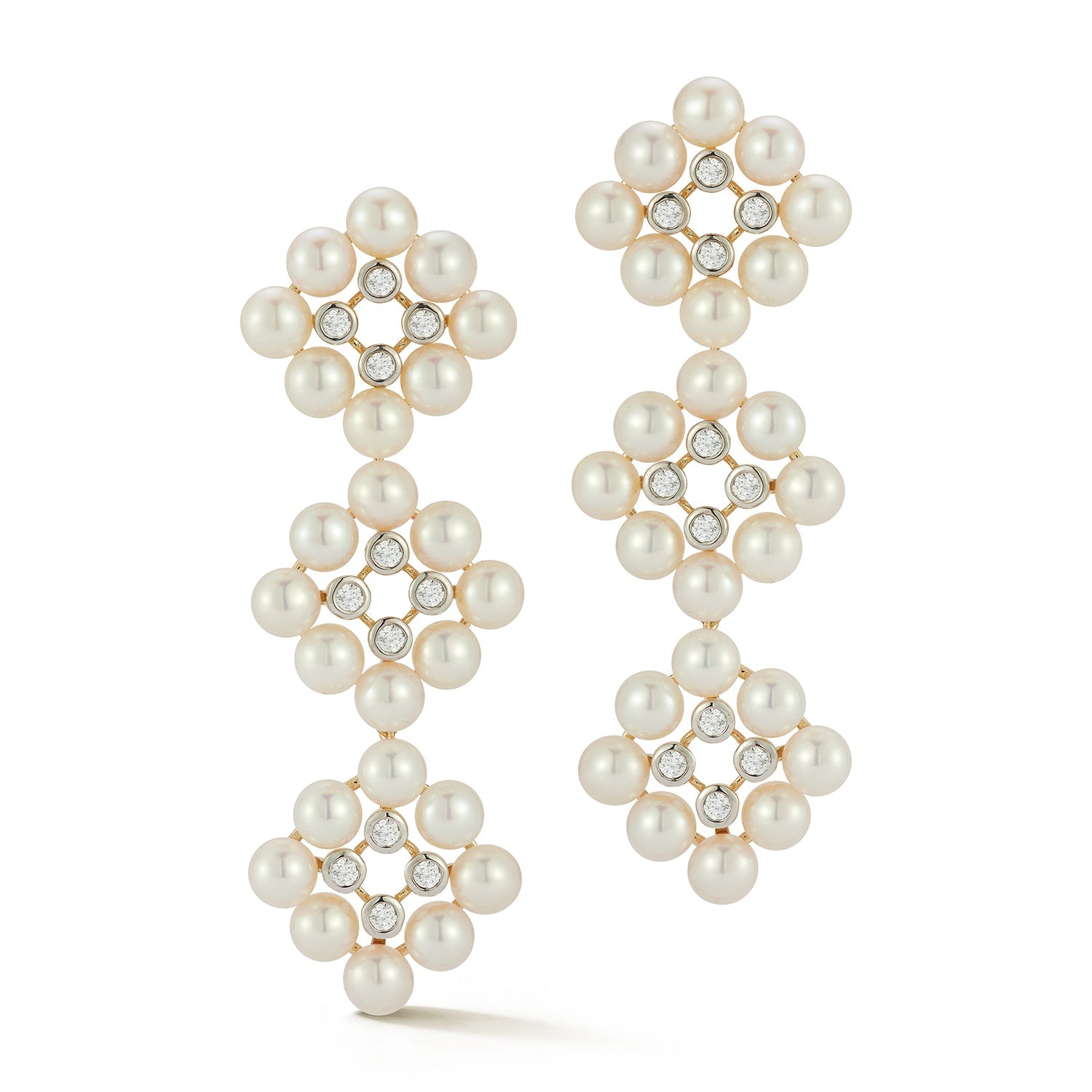 14kt Pearls and Diamond Cluster Drop Earrings