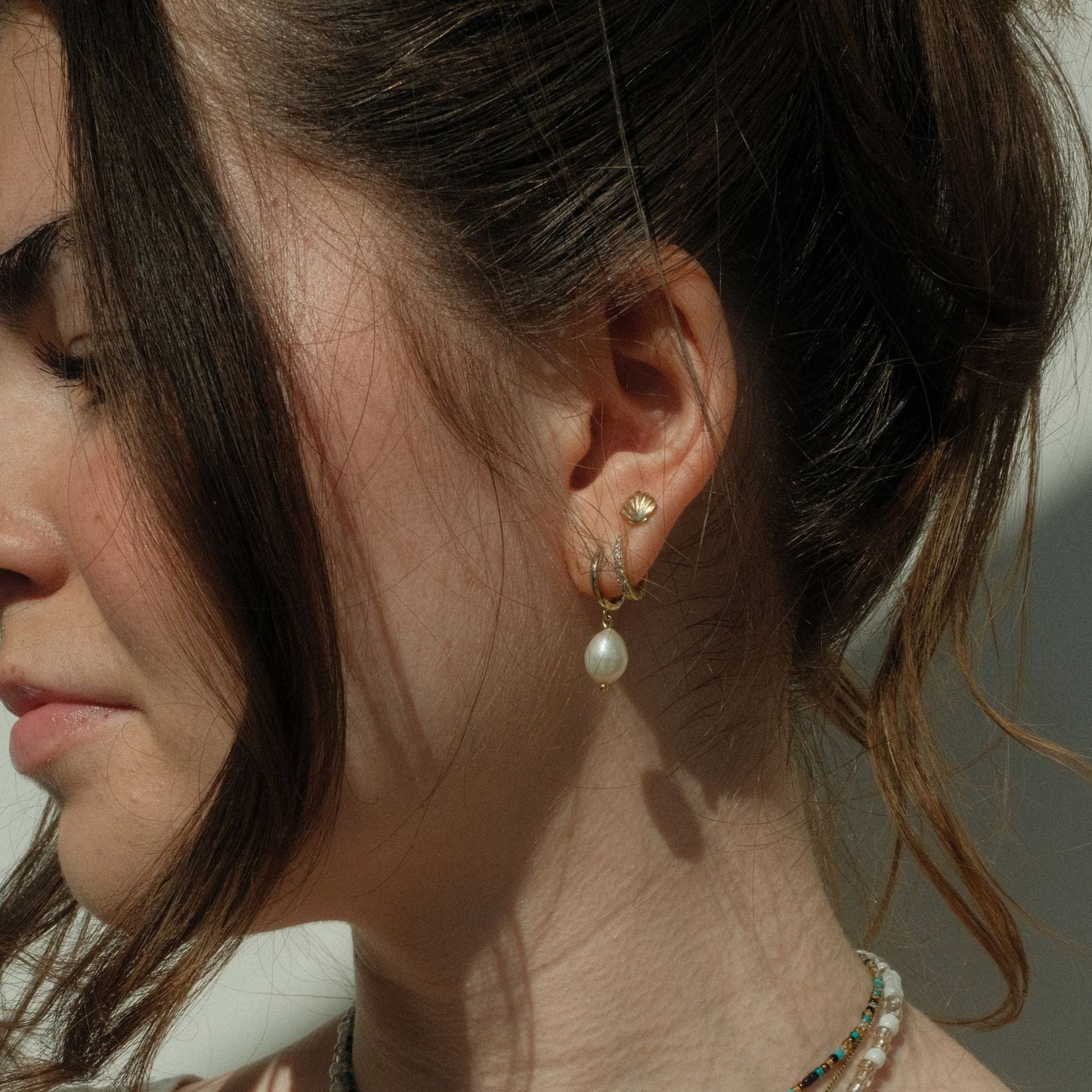 Gold Pearl Drop Hoop Earrings