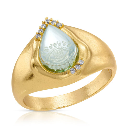 Green Quartz Signet Ring with Seeing Eye Design