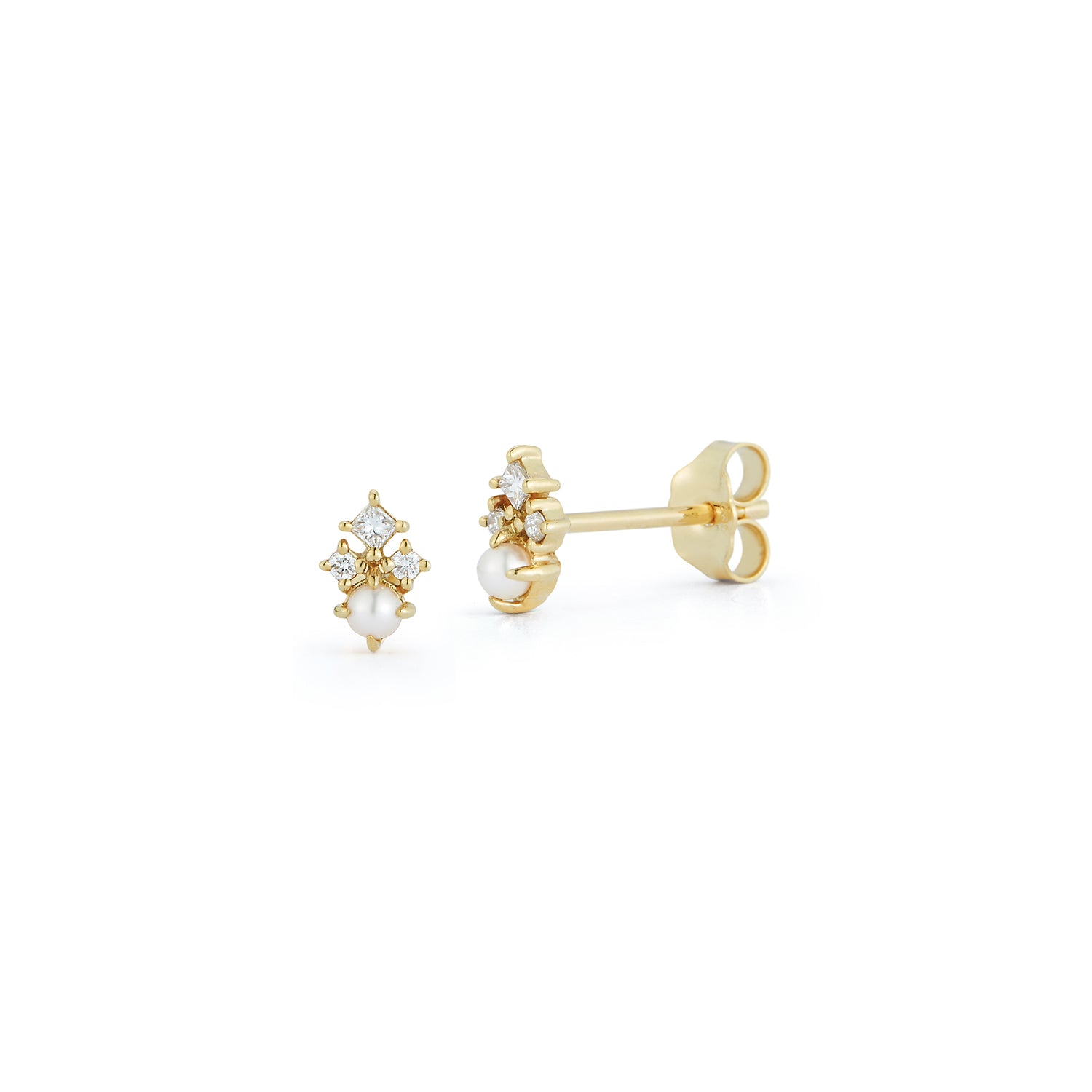 14kt The Little Things Tri Diamond and Pearl studs