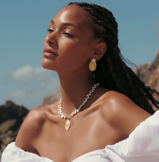 Gold Coin Pearl Necklace and Earrings Set