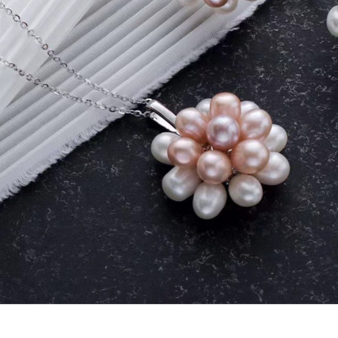 Floral Pink Rice Pearl Earrings and Pendant Necklace