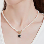 Black Bella Square Pendant Pearl Necklace