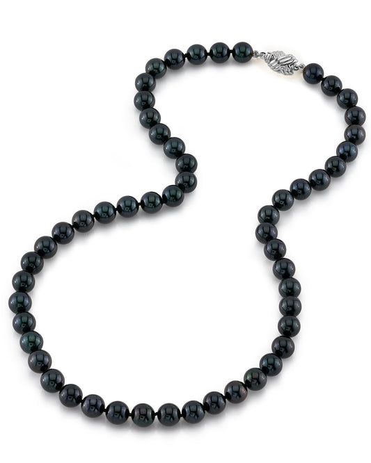 Elegant Black Japanese Akoya Pearl Necklace 7.5 to 8.0mm