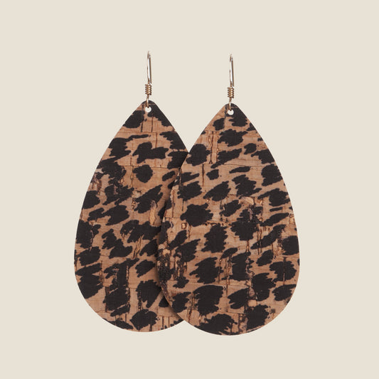 Cork Teardrop Earrings with Cheetah Print Design