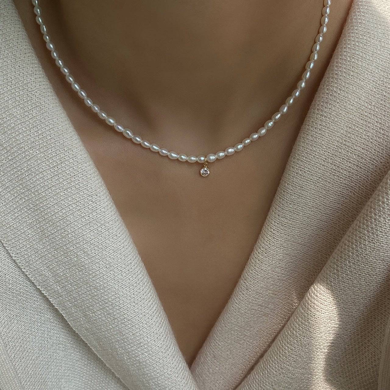 Mini Emerald Zircon Pearl Necklace