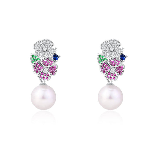 Freshwater Pearl and Colorful Floral Earrings