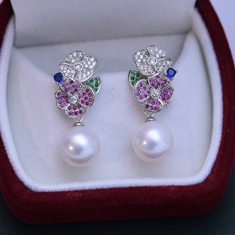 Freshwater Pearl and Colorful Floral Earrings