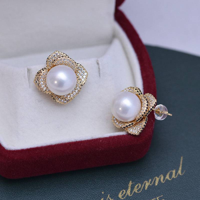 Floral Earrings with Freshwater Pearls and CZ