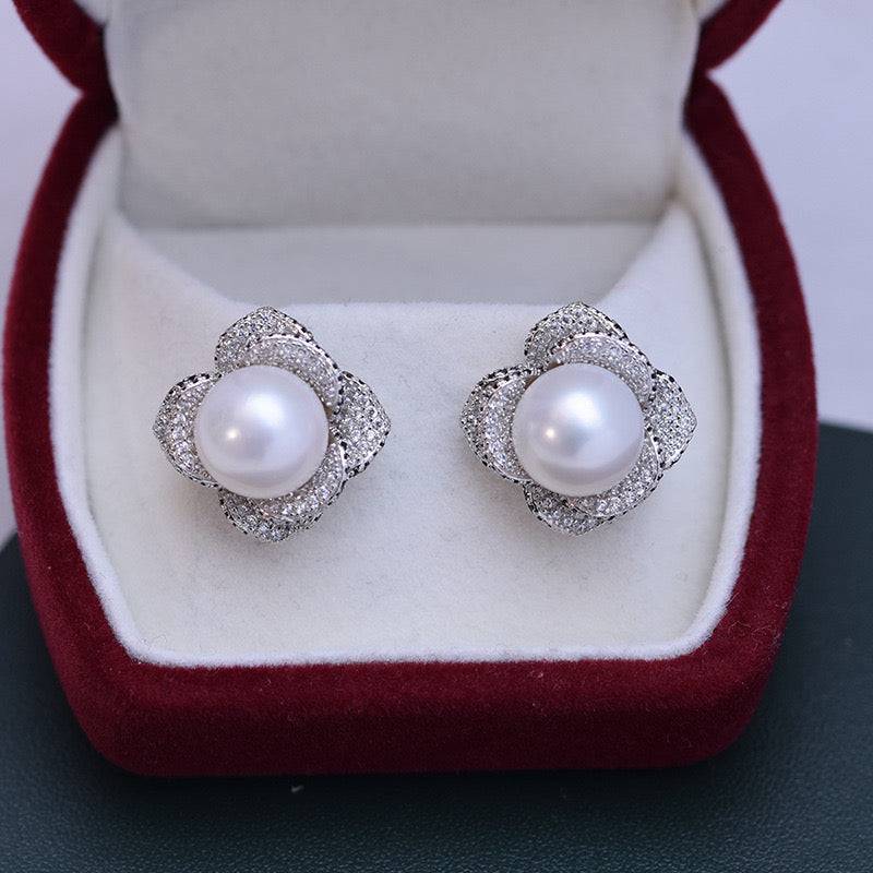 Floral Earrings with Freshwater Pearls and CZ